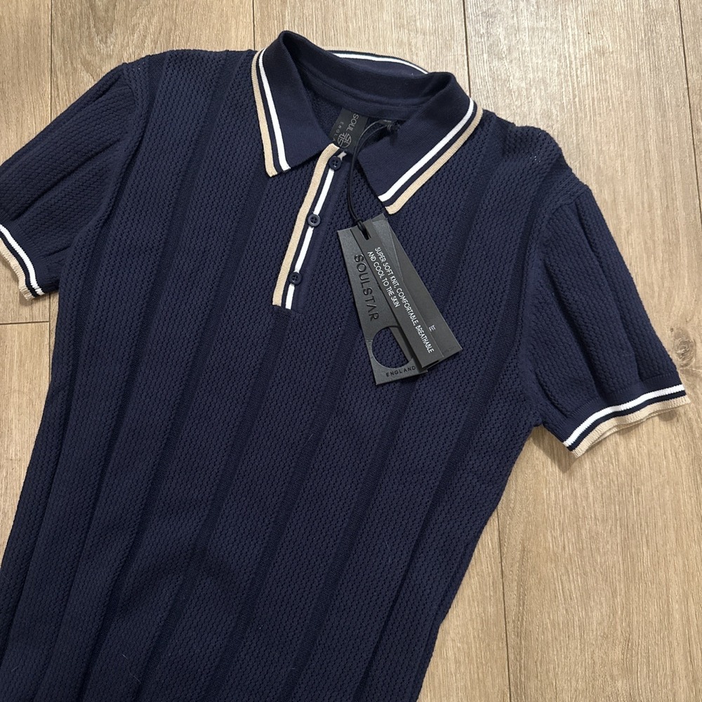 Soul Star England Men's Short Sleeve Knit Polo Sweater Preppy Navy Blue Small
